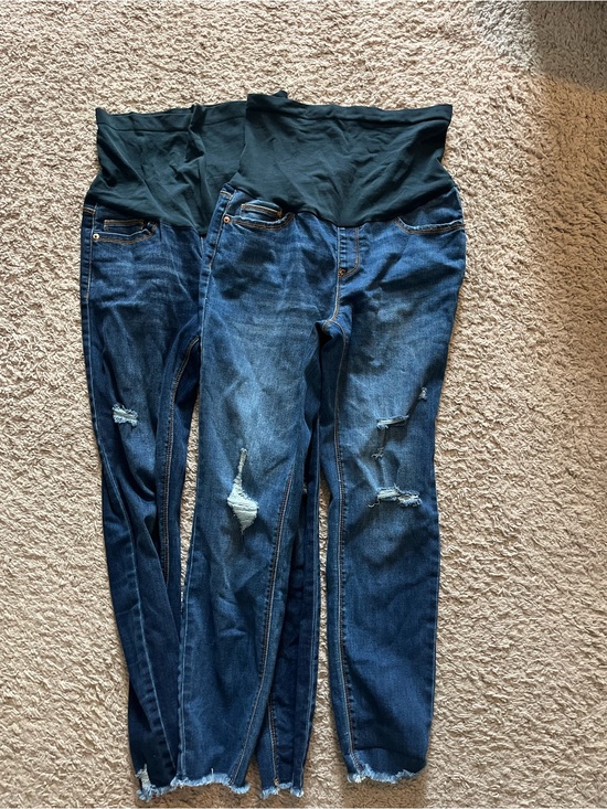 Indigo Poppy Denim - Maternity Dark Blue Distressed Skinny Jeans with Stretch Waistband - M and L